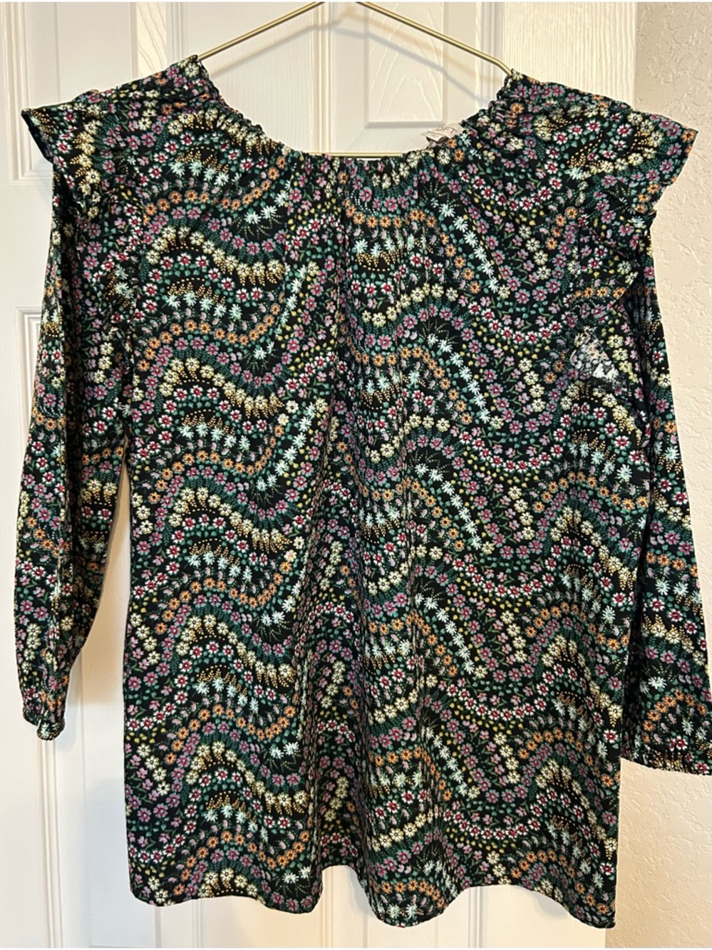 LOFT Black Floral Smocked Neck Blouse with Pink and Green Pattern
